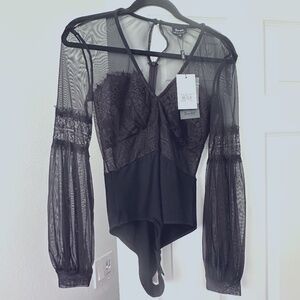 Black sheer lace and mesh body suit, Size 6, Bardot brand. Made in Australia